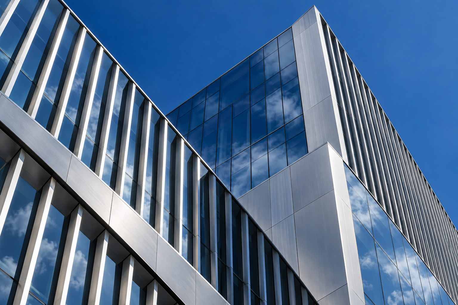 Sculptural glass and aluminum architecture against a blue sky