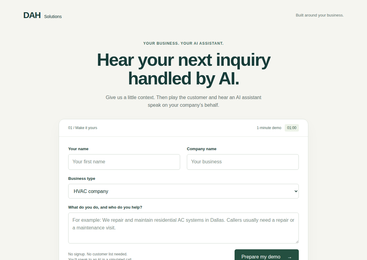 The DAH Solutions live demo where visitors enter their business details to try an AI assistant
